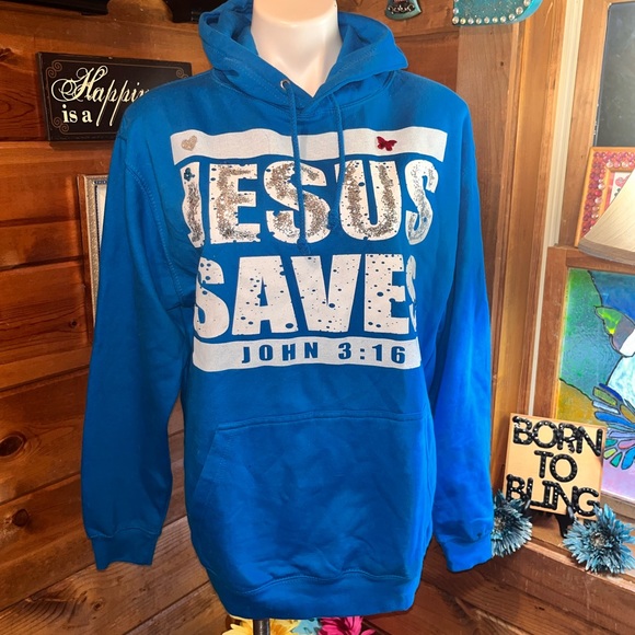Turquoise JESUS SAVES Hooded Sweatshirt size S Boutique front pocket NEW - Picture 5 of 13
